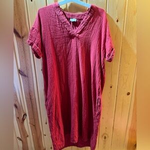 100% cotton gauze natural fiber Casual Red V-Neck Dress
